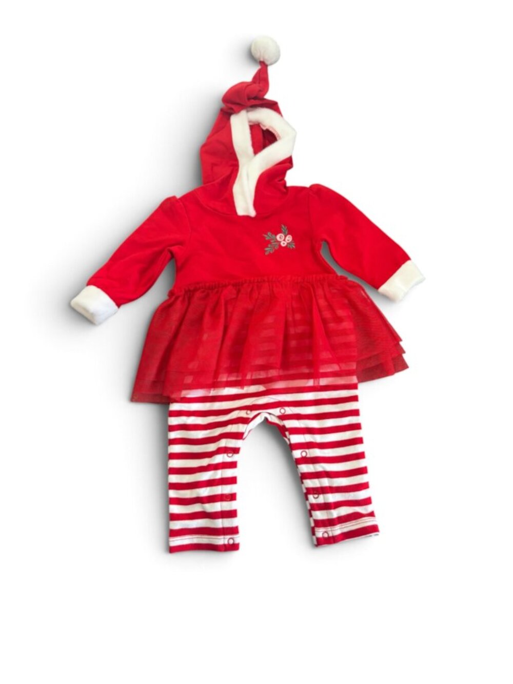 NWT Baby Girls Santa Christmas Romper Red Tutu Striped Holiday Outfit Hooded